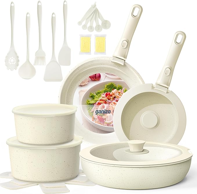 Ganiza 27pcs Nonstick Cookware Set, Pots and Pans Set Non Stick Detachable Handle, Non Toxic Cookware Sets Induction, Pots and Pans with Removable Handles, RV Cooking Set, Oven/Dishwasher Safe