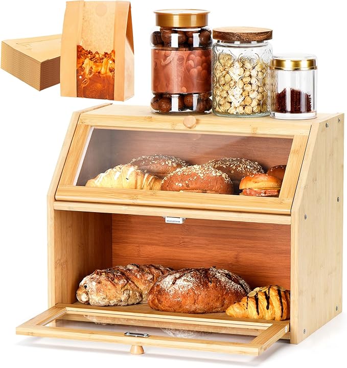 Bread Box for Kitchen Countertop Double Layer,Wooden Extra Large Storage Bin,boxes for kitchen counter Capacity Bin Kitchen Food Storage Container（Natural Wood Color）