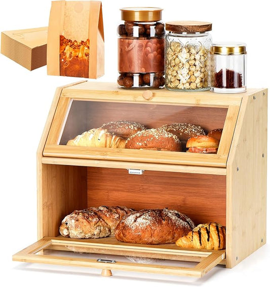 Bread Box for Kitchen Countertop Double Layer,Wooden Extra Large Storage Bin,boxes for kitchen counter Capacity Bin Kitchen Food Storage Container（Natural Wood Color）