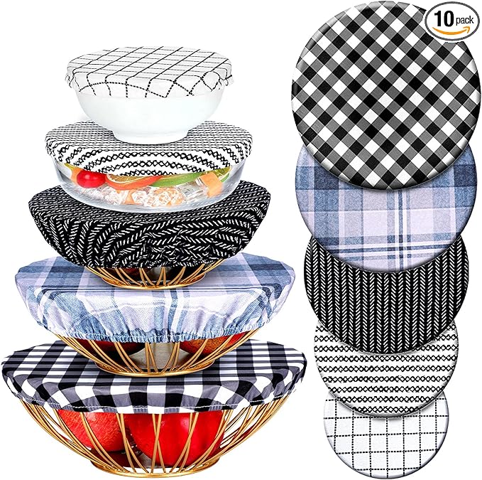 Patelai 10 Pcs Bowl Covers Reusable in 5 Size Stretch Cloth Fabric Elastic Food Storage Bowl Covers Bread Sourdough Lids for Proofing Food Fruits Leftover(Simple Style)