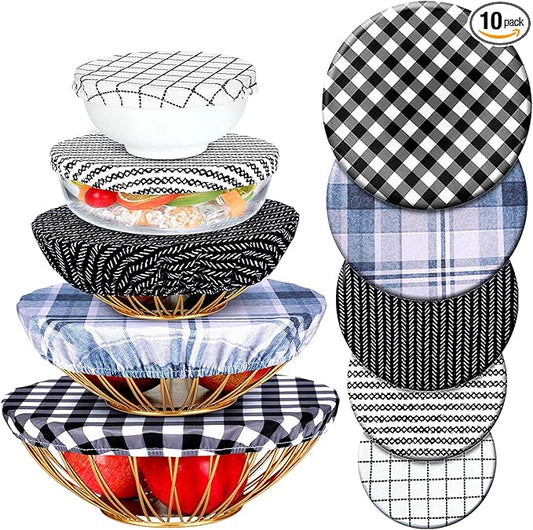 Patelai 10 Pcs Bowl Covers Reusable in 5 Size Stretch Cloth Fabric Elastic Food Storage Bowl Covers Bread Sourdough Lids for Proofing Food Fruits Leftover(Simple Style)