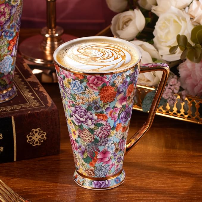 KAMMAK Ceramic Coffee Mugs 20 oz Tall Porcelain Coffee Cups Set of 2 Large Tea Mugs with Handle Vintage Tea Cups Cappuccino Mug for Latte, Espresso, Americano, breakfast cereal, Hot Cocoa, Drinks