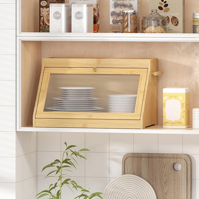 Bamboo Bread Box with Shelf for Kitchen Counter-Large Capacity Bread Storage Container with Wavy Arcylic Transparent Door Bamboo Wooden Farmhouse Bread Box for Your House (Nature)