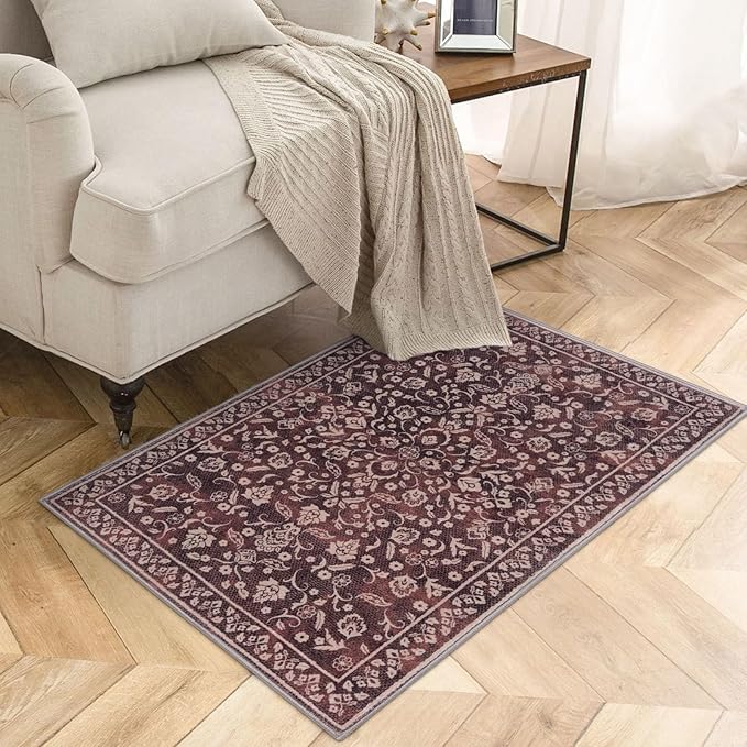 Vintage Entryway Rug Indoor, Deep Burgundy Washable Rug 2x3, Small Area Rug with Non-Slip Backing, Floral Print, Thin Faux Wool Super Soft Door Mat for Kitchen, Entrance, Bedroom, Office