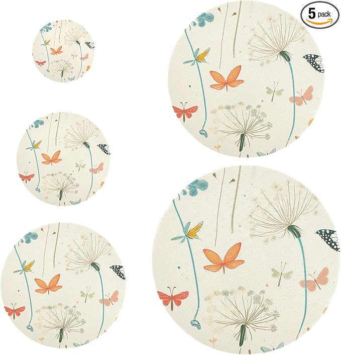 5 Pcs Bowl Covers Reusable in 5 Size Elastic Food Cover Cloth Lids Fresh Keeping Dish Cookware Bakeware Fabric Covers Lids for Food Leftovers Fruits Storage Dandelion Flowers and Dragonfly