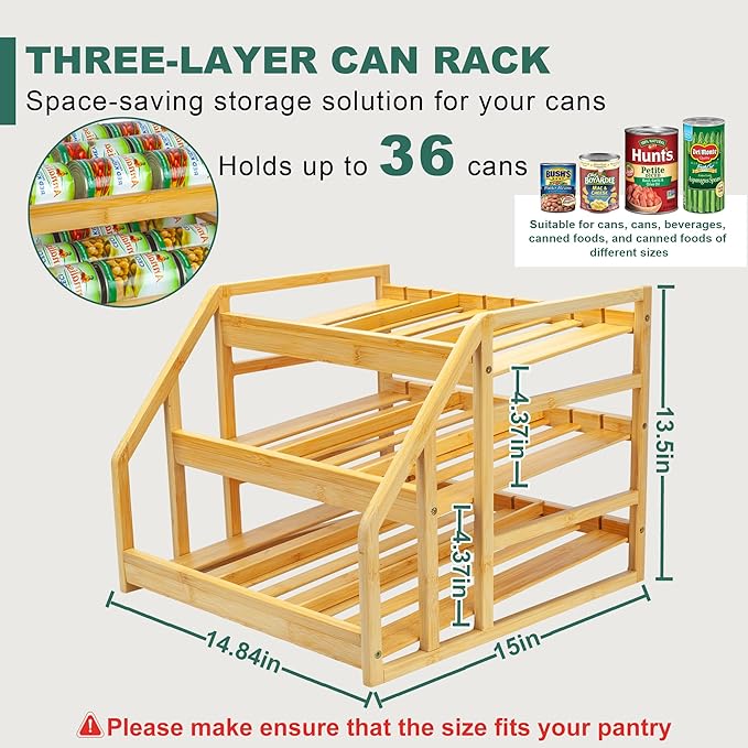 MinBoo Bamboo Can Rack Organizer, Kitchen Pantry Storage, 36 Can Capacity, Tilt Design