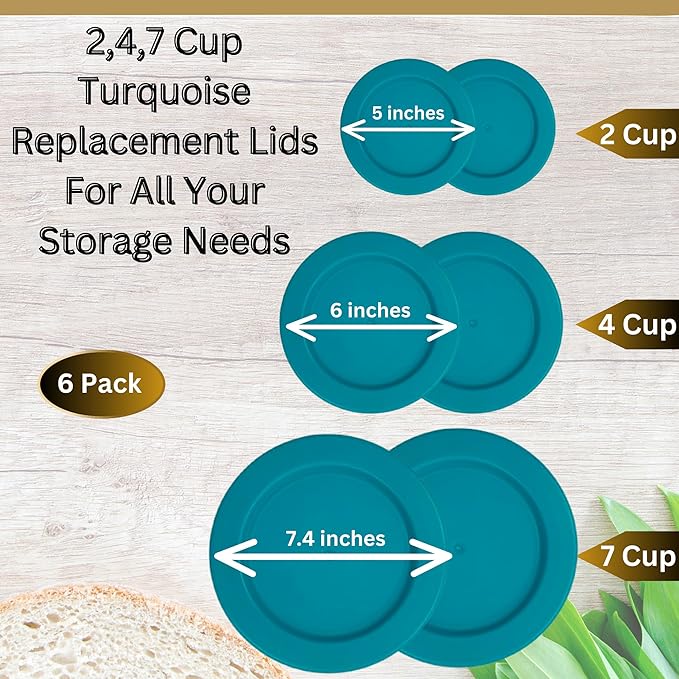 2, 4 & 7 Cup Turquoise Replacement Lids/Covers for Pyrex, Anchor Hocking & KlareWare Storage Bowls *Lids Only Glass Container Not Included* (6 Pack *Two of Each Size*)