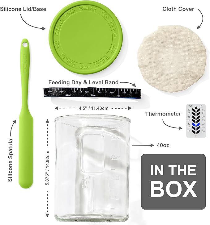 Premium Sourdough Starter Jar - 40oz Large Sourdough Jar with Marked Feeding Band, Thermometer, Scraper, Cloth Cover and Silicone Lid/Base, Wide Mouth Starter Kit - Green