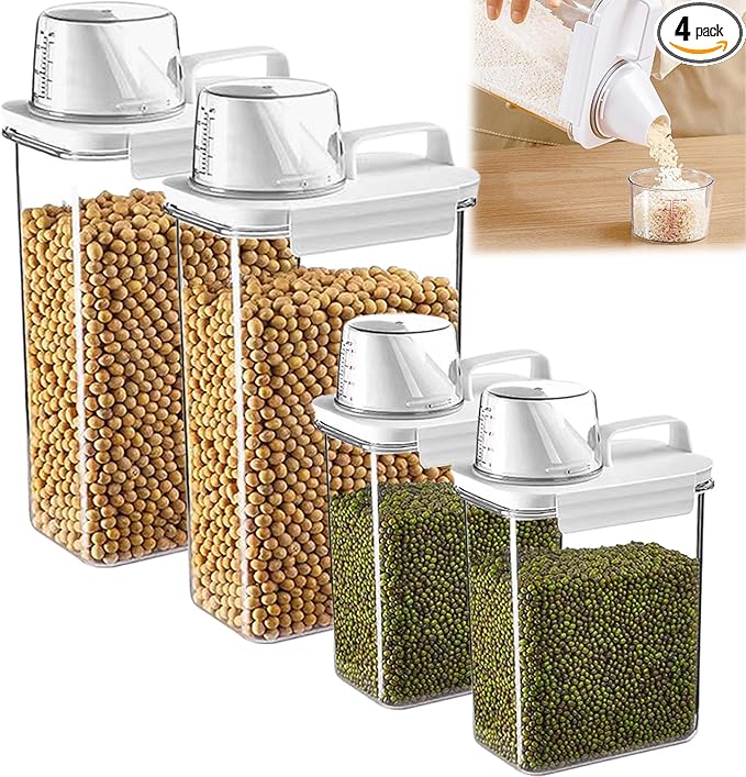 Cereal Container，Rice Storage Dispenser-Airtight Food Storage Organizers BPA-free Plastic Kitchen Pantry Storage Containers food-grade PET material Suitable for rice, grains(2300ml+1800ml)