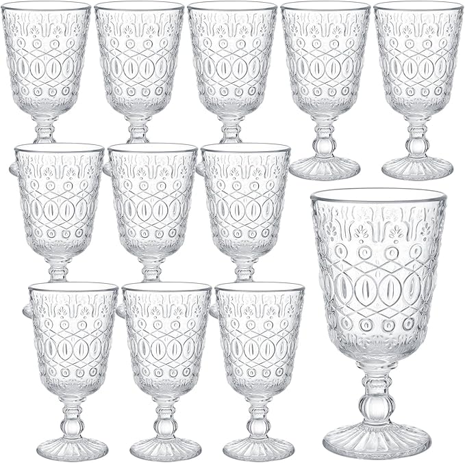 Eaasty Wine Glasses Set of 12 Vintage Goblet 9 oz Vintage Colored Glass Goblet Beverage Stemmed Glass Cups Romantic Embossed Glassware for Wedding Party Holidays Anniversary (Clear)
