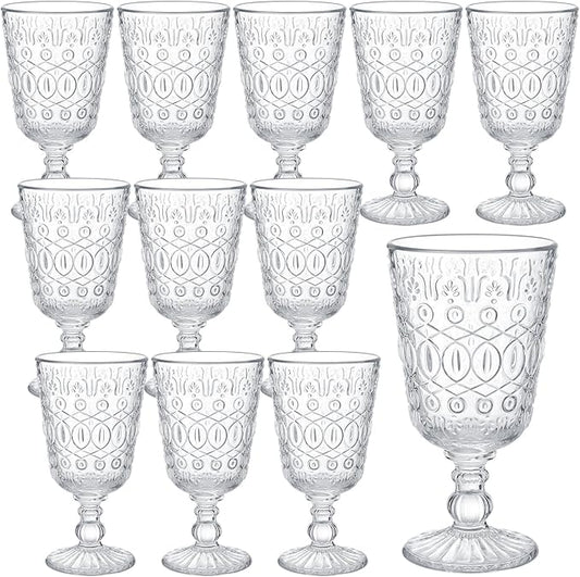 Eaasty Wine Glasses Set of 12 Vintage Goblet 9 oz Vintage Colored Glass Goblet Beverage Stemmed Glass Cups Romantic Embossed Glassware for Wedding Party Holidays Anniversary (Clear)