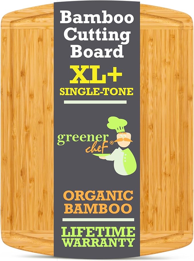 GREENER CHEF 20 Inch XL+ Organic Bamboo Cutting Board - Extra Large Butcher Block for Kitchen, Meat, Veggies, Charcuterie with Deep Juice Grooves & Lifetime Replacements
