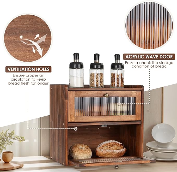 Sunhoo Bread Box for Kitchen Countertop Wooden Bread Storage Container Bin 2 Layer Breadbox Holder Large Capacity Keeper Vintage Farmhouse Food Organizer Pantry Shelf Acrylic Window（Black）