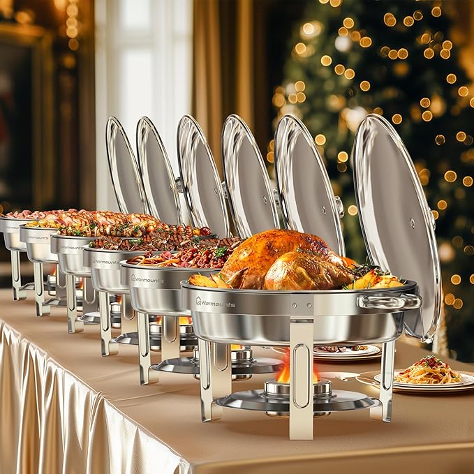 Round Chafing Dishes for Buffet, 5QT 6 Pack Chafers and Buffet Warmers Set with Mirror-Polished Stainless Steel, Rolled Rim, Stackable, Lid Holder for Parties, Catering, Weddings