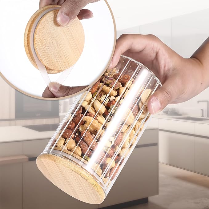 24 FL OZ Airtight Glass Jars with Bamboo Spoons Lids Overnight Oats Container Decorative Coffee Bar Food Storage Jar Cereal Nuts Salts Coffee Tea Flour Sugar Container Spice Jars (2Pack)