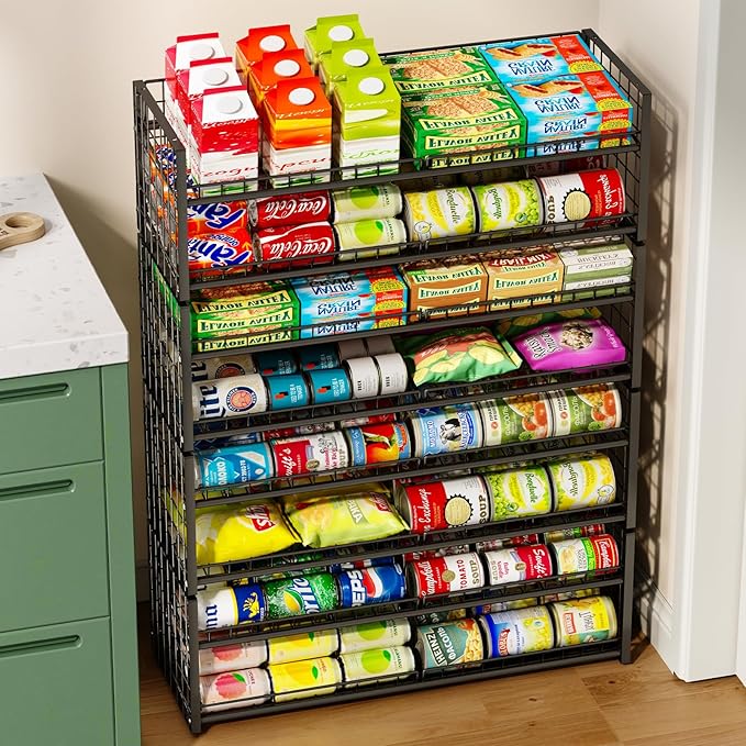 2-Tier Stackable Can Organizer for Pantry, Adjustable Extra-Long Can Rack for Pantry Shelf Organizer and Storage, Sturdy Standing Can Holder for Canned Soup Food Goods Storage up to 64 Cans, Black