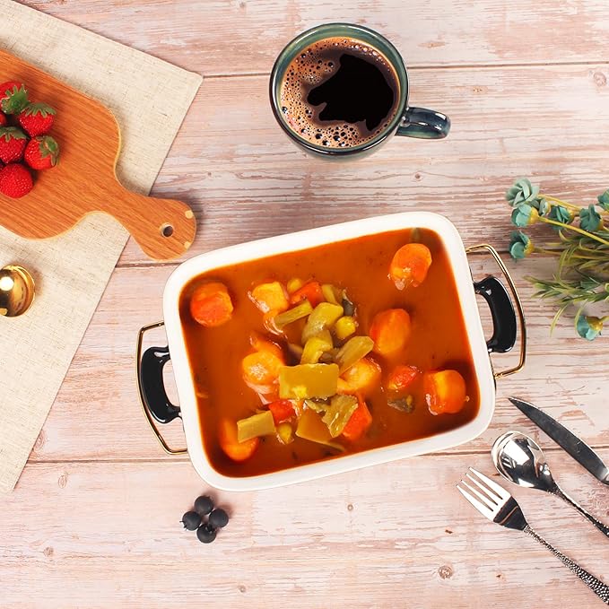 Ceramic Casserole Dish 1.3 Quart Bakeware with rack, 9 x 6 Lasagna Pan, Buffet, hot pot, Catering Casserole for party, Bakeware With Handle, Microwave, Dishwasher, Oven Safe (Gray with rack)