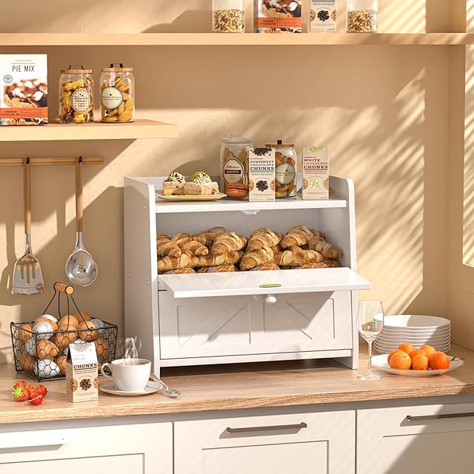 Bread Box for Kitchen Countertop, Double Layer Wooden Breadbox, Large Capacity Bread Storage Bin, Homemade Bread Storage Container, Farmhouse Breadbox Organizer, White