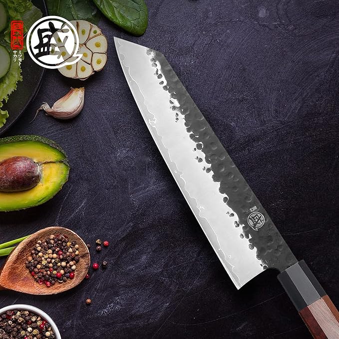MITSUMOTO SAKARI Kiritsuke Chef Knife 9 inch - Hand Forged Japanese Kitchen Knives, 3-Layer 9CR18MOV High Carbon Steel, Rosewood Handle & Sandalwood Box