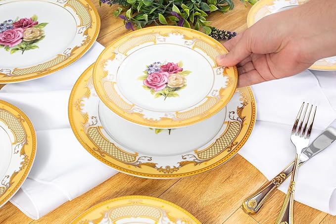 32 Piece Dinnerware Sets for 8 – Vintage Porcelain Plates, Bowls – White and Gold Rose Floral Design Dishware for Kitchen Table, Everyday Dining or Formal Use (Roses Gold)