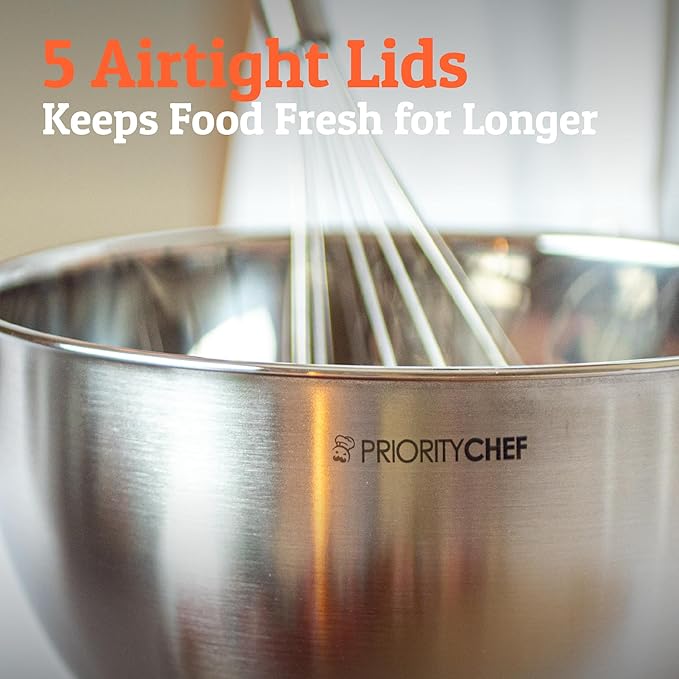 Priority Chef Premium Mixing Bowls With Airtight Lids Set, Thicker Stainless Steel Mixing Bowl Set, Large Prep Metal Bowls with Lids, Nesting Bowls for Kitchen, 1.5/2/3/4/5 Qrt, Khaki