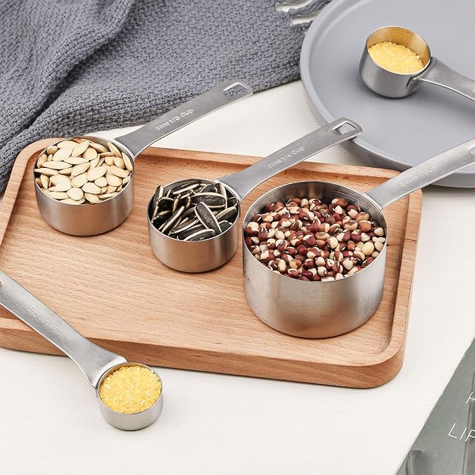 Measuring Cups Set, 18/8 (304) Stainless Steel Measuring Cups Set 9, Metal 8 Measuring Cups with 1 Magnetic Conversion Chart, Metric Measuring Cups with 1/8 & 3/4 Cup for Baking & Kitchen