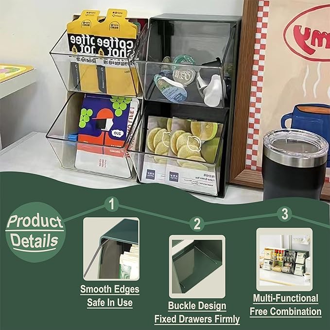 K Cup Holder, Large Capacity Tea Bag Organizer with 2 Drawers, Clear Coffee Pod Storage for Creamer, Sugar, Snack, Stationery, Cookies, Hair Tie - Green