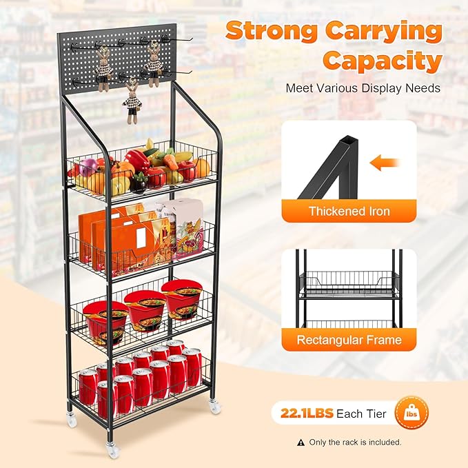 Retail Display Rack 4-Tier Market Merchandise Display Shelf with Wheels and 10 Hooks Metal Display Snack Metal Wire Shelving Movie Theater Candy Rack with Wheels for Home Store Market