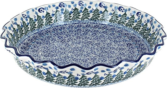 Blue Rose Polish Pottery - Blue Evergreen Magic Pie Plate - 10" Diameter - Ceramic Baking Dish, For Pies, Quiches & Desserts