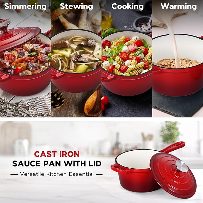 Onader 2QT Saucepan with Lid, Enameled Cast Iron Sauce Pan Pot, Small Dutch Oven Cooking Kitchen Pot, Nonstick & Heavy Duty – Red