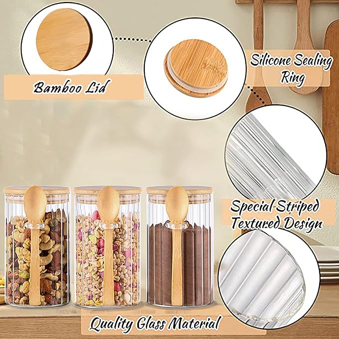 25 FL OZ Airtight Glass Jars with Bamboo Spoons Lids Overnight Oats Container Decorative Coffee Bar Food Storage Jar Cereal Nuts Salts Coffee Tea Flour Sugar Container Spice Jars