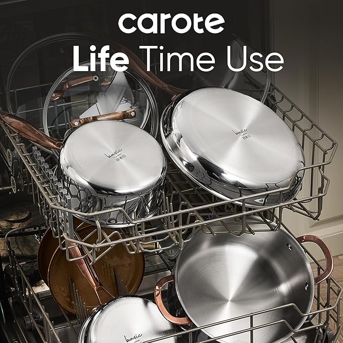 CAROTE 2Qt Stainless Steel Saucepan Set, Non-Toxic 3-Ply Stainless Steel Cookware Set with Lids, Small Kitchen Pots, Oven Safe, Compatible with Induction, Ceramic, Gas