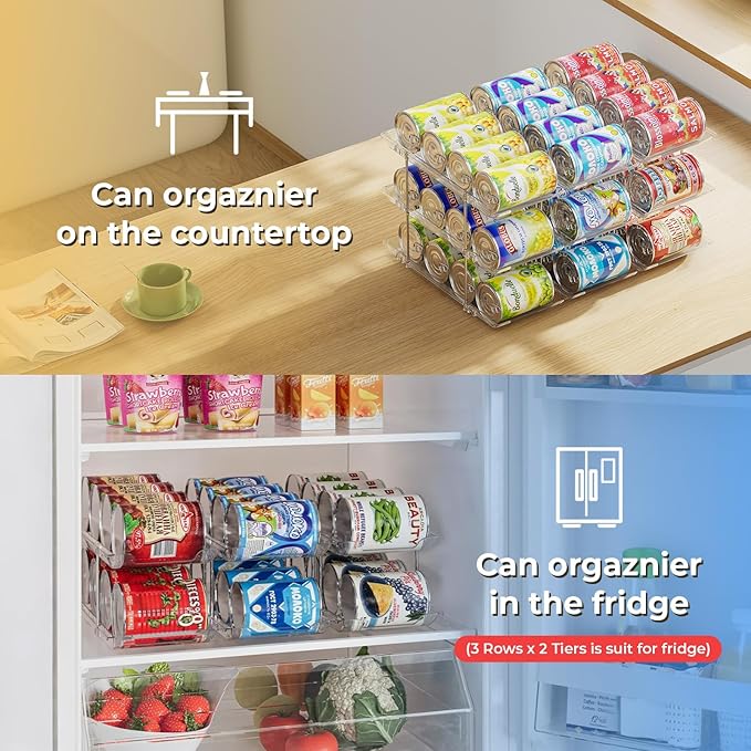Stackable 3 Tiers Can Organizer Pantry, Canned Food Holder for Fridge Holds 36 Cans, Free Combination & Automatic Rolling, Space Saving Storage for Refrigerator Kitchen Pantry, Clear