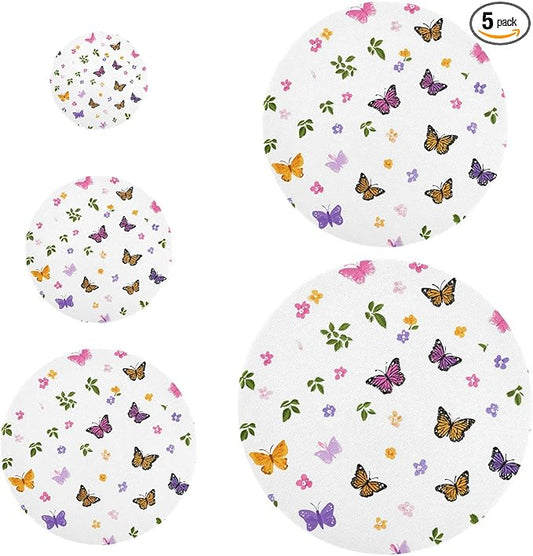5 Pcs Bowl Covers Reusable in 5 Size Elastic Food Cover Cloth Lids Fresh Keeping Dish Cookware Bakeware Fabric Covers Lids for Food Leftovers Fruits Storage Pretty Butterfly Flower