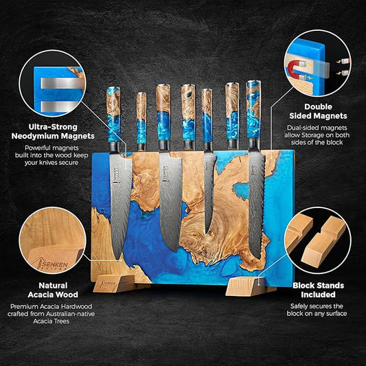 SENKEN "Tsunami" Extra Large Magnetic Knife Block - Holds Up to 16 Knives - Knife Block without Knives, Universal Knife Holder, Beautiful Blue Resin & Natural Wood Blend ("Tsunami" Blue Resin Blend)