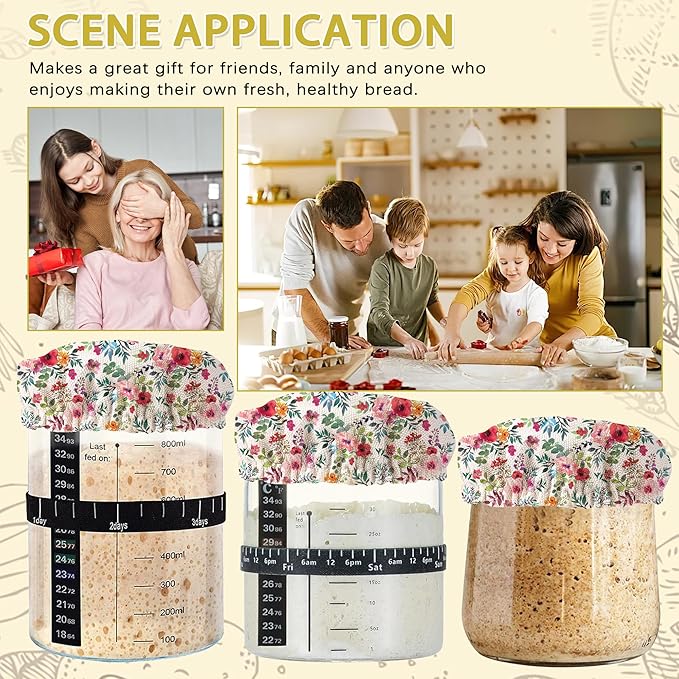 Sourdough Starter Jar Covers,5-Pack Reusable Watercolor Floral Flowers Cloth Lids for 3-4 Inch Jars,Ideal for Kombucha Kefir or Cheese Fermentation