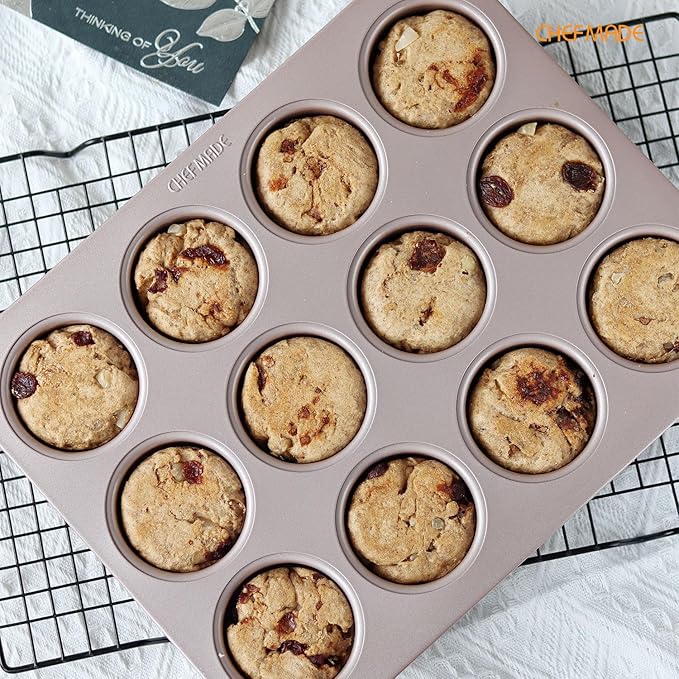 CHEFMADE Muffin Cake Pan, 12-Cavity Non-Stick Bristish Cupcake Pan Bakeware for Oven Baking (Champagne Gold)