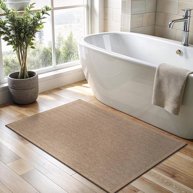 CAMILSON Easy Jute Rug 2x3, Indoor Outdoor Natural Color Fiber Area Rugs for Bathroom and Kitchen Rug, Herringbone Seagrass Boho Woven Design, Easy-Cleaning, Washable Outside Carpet Alfombras (2 x 3)