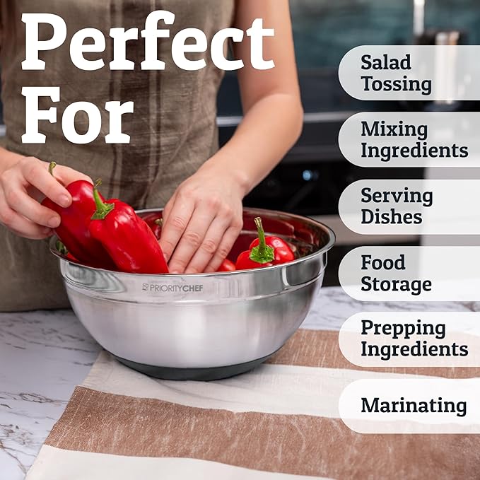 Priority Chef Stainless Steel Mixing Bowls with Lids Set - Premium 30Pcs with 6pc Metal Bowl Set for Kitchen, 3 Graters, Airtight Lids, Non-Slip Bases & Silicone Utensils, Grey