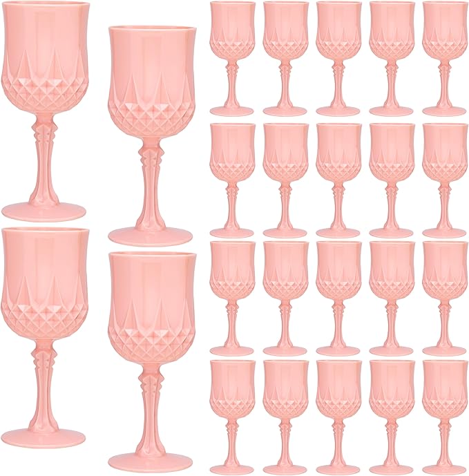 Plastic Vintage Wine Glasses 7OZ Plastic Goblets Vintage Drinking Glasses 24PCS Retro Wedding Glassware Water Goblets Reusable Drinking Cups for Party,Reception,Celebration,Bar,Whiskey(Light Pink)