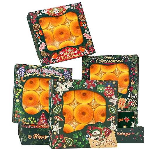 Bakepacker Christmas 30pcs Pie Boxes 8x8x2.5 inches Easy Assemble Macaroon Christmas Gingerbread Man Cookie Boxes Bakery Boxes with Window for Bakery (Auto-pop Up)