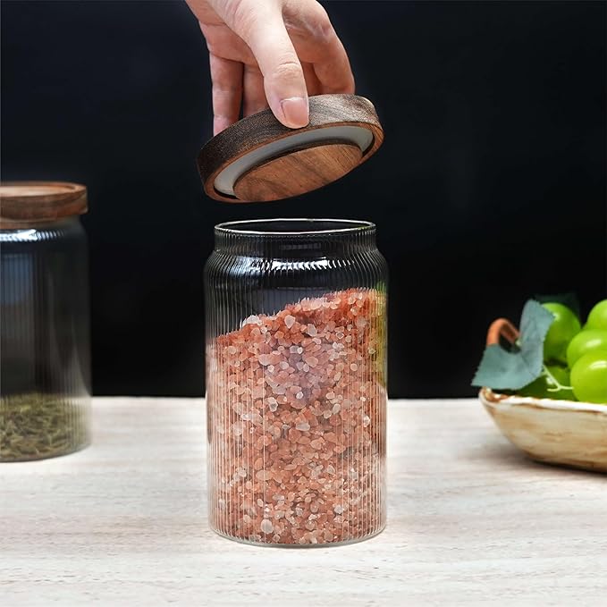 Ribbed Glass Storage Jars Set of 2 – Airtight Food Canisters with Wooden Lids, Stackable Kitchen Organizers for Coffee, Tea, Spices & Dry Goods (18.6oz)