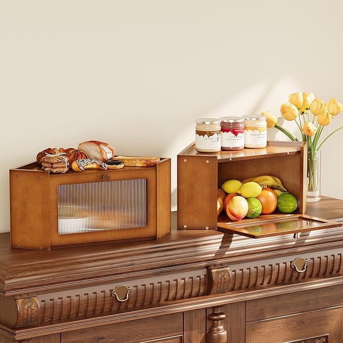 Corner Bamboo Bread Box for Kitchen Counter Large Capacity Rustic Bread Storage Container with Wavy Arcylic Transparent Door Vintage Storage for Homemade Bread (Brown)