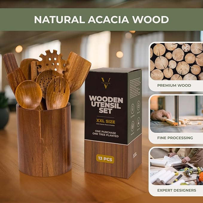XXL Wooden Utensil Set – 13 Piece Acacia Wood Cooking Tools with Round Holder for Nonstick Cookware with Holder & Spoon Rest – Wooden Spoons for Cooking, Spatula, Spurtle