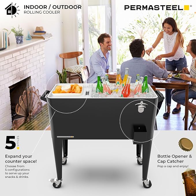 Permasteel 80 Quart Party Cooler, Rolling Ice Chest with Wheels and Handles for Indoor Outdoor Patio