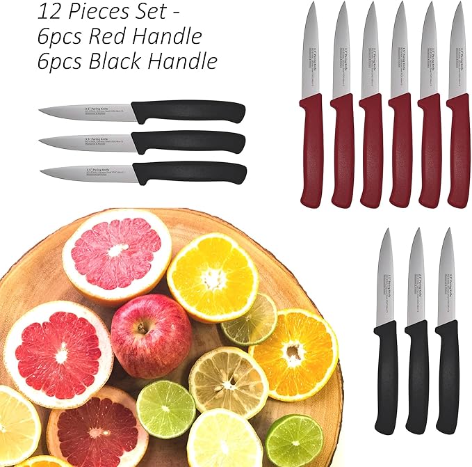 Paring Knife Set, 12 Pieces Utility Knives - MATTSTONE HILL Commercial-Grade Small Kitchen Knife, German Steel Blade, Restaurant Industry Utility Knife 12-Piece Set, Black & Red Handle