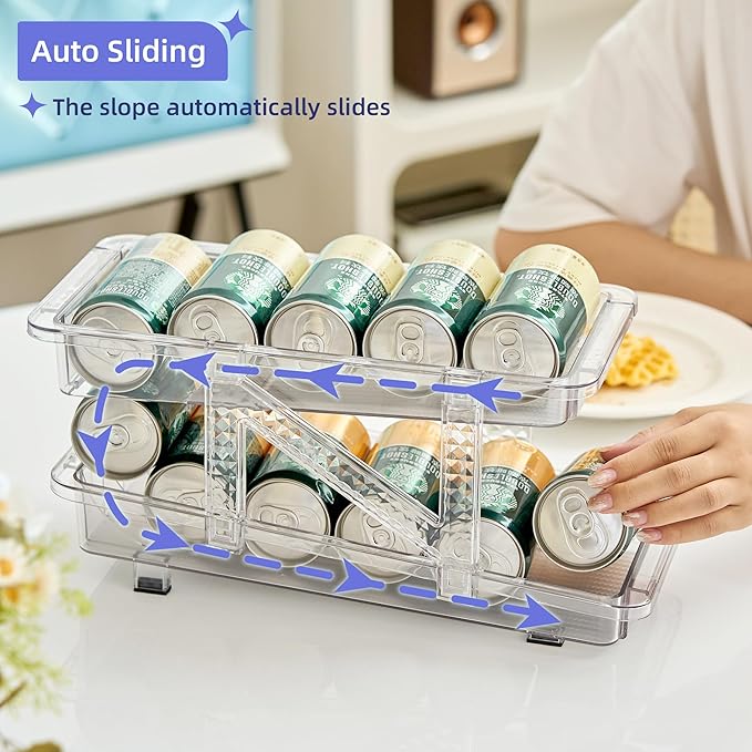 Soda Can Dispenser Organizer for Refrigerator and Pop Can Holders Drink Storage Wide Adjustable (2-Pack Clear)