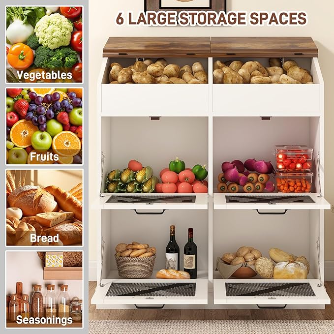 Large Wood Veggie Bin for Potato,Bread,Onion With 6 Large Storage Space. Root Vegetable Storage Box For Kitchen, Farmhouse Wood Potato Box With 4 Mesh Doors,32 * 12.4 * 36 INCH(White)