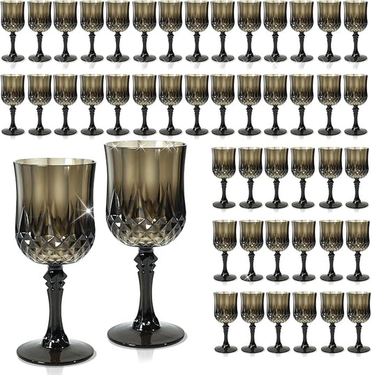 48 Pcs Black Wine Glasses, Plastic Goblets Vintage Style Cordial Drinking Glasses, Vintage Black Drinking Glasses Champagne Glassware for Wedding Reception Grand Event Party, 7Oz