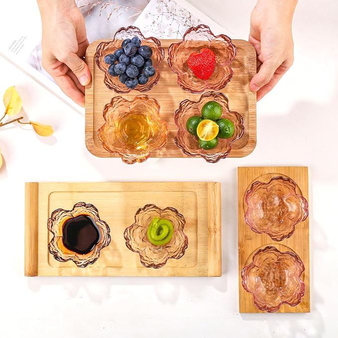 WHJY 5 pack Cute Sauce Dishes Glass Dish Set for Soy Sauce Snacks Tea Bag Mini Glass Bowls Clear Pink Cherry Blossom Soy Sauce Dishes